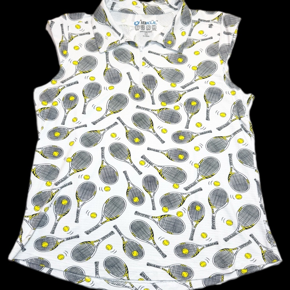 IBKUL Women's Venus Tennis Racket Print Sleeveless Polo Size XL Pickleball SPF